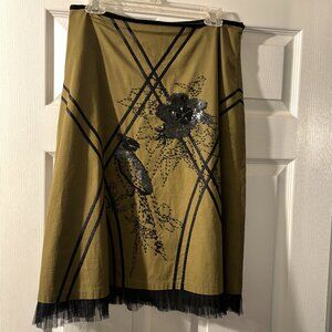 Olive Green beaded A-Line Skirt with ribbon and tulle detailing